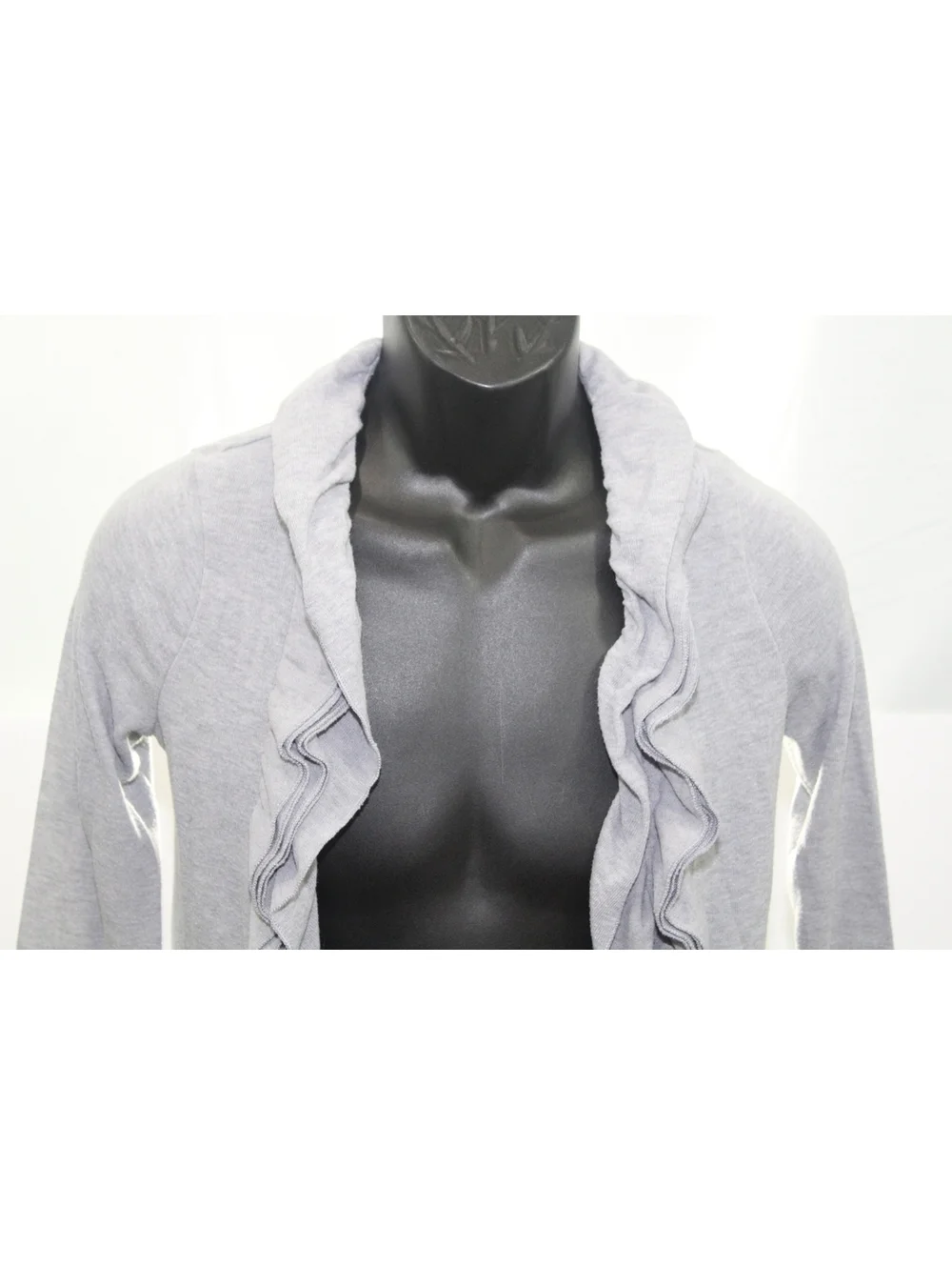 Moa Moa Girl Open Front Waterfall Sweater Shirt Cardigan Ruffles Neck Large Gray